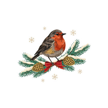 A european robin perched on a snowy pine branch with a red bow isolated on a transparent background