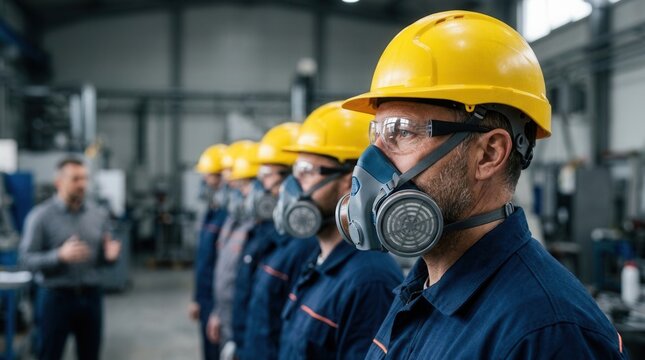 Training session on respirator fit testing for workers wearing hard hats, safety glasses, and respirators.