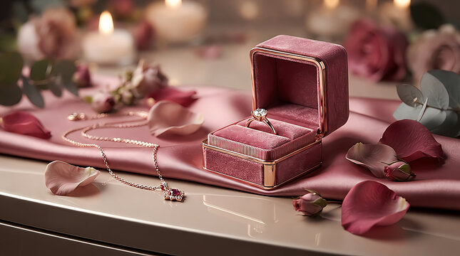 Beautiful diamond ring in a velvet box with a gold necklace and rose petals