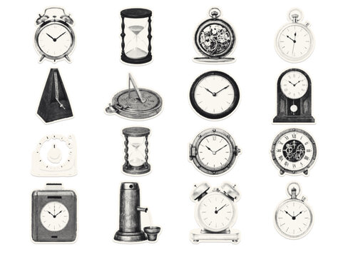 Time measurement objects halftone cutout sticker sheet. Clock hourglass watch sundial pendulum timer dial symbols for chronological history illustration.