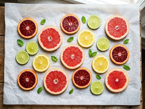 Flat lay of fresh citrus fruit slices including blood orange, pink grapefruit, lemon, lime on parchment paper