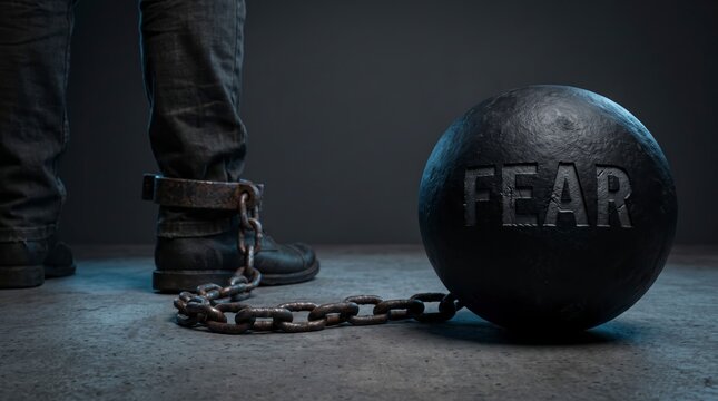 A person is chained by the ankle to a heavy ball labeled "FEAR," symbolizing being trapped or weighed down by fear.