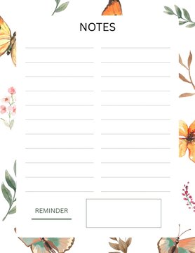 Boho Floral Notes Template Printable A4 - Watercolor Butterfly Journal Paper with Reminder Box for To-Do List and Planning