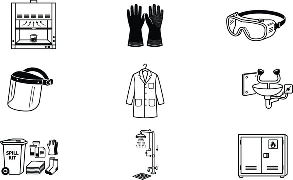 Laboratory Chemical Safety and Industrial PPE Icon Collection with Biosafety Fume Hood, Full Face Shield, Eyewash Fountain, Emergency Shower, and Spill Kit Trolley,