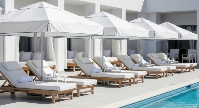 Luxury Resort poolside lounge chairs with umbrellas and a swimming pool