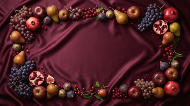 Thanksgiving Fruit Border 3D Velvet Fabric Background Featuring Rich Autumnal Accents with Generous Copy Space for Upscale Restaurant Seasonal Advertising