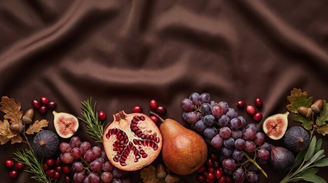 Thanksgiving Fruit Border 3D Velvet Surface Background with Copy Space for Luxury Packaging Design and Seasonal Holiday Retail Advertising