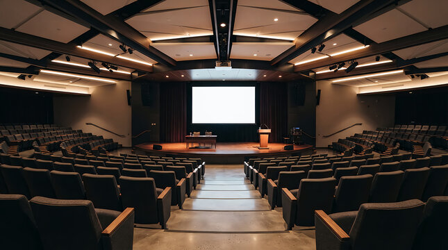 Modern lecture hall with rows of empty seats and a large projection screen