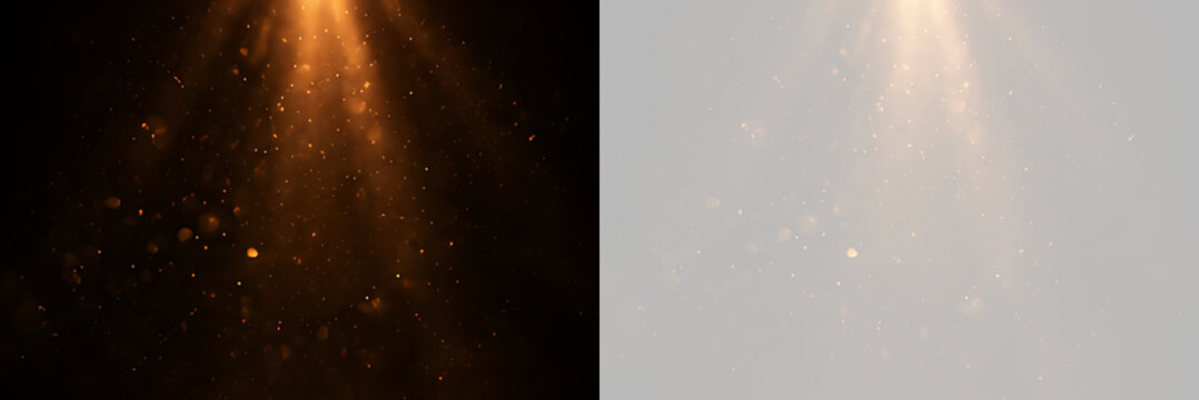 Golden spotlight beam with floating dust particles. Warm light ray overlay on black and transparent background. Volumetric light effect design element