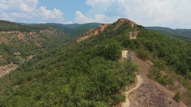 Aerial view of a hiking trail at the Stob Pyramids in Bulgaria