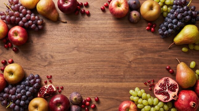 Thanksgiving Fruit Border 3D Wood Texture Background with Copy Space for Stationery and Greeting Card Design Promotion