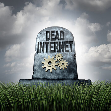 Dead internet as a grave stone with text and gear icons representing online web and website industry death due to  AI content bots and automated activity rather than genuine human interaction as the n