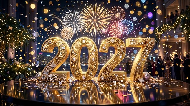An opulent new year 2027 celebration backdrop featuring ornate gold numbers encrusted with jewels sitting on a reflective pedestal under a canopy of colorful fireworks and falling golden confetti
