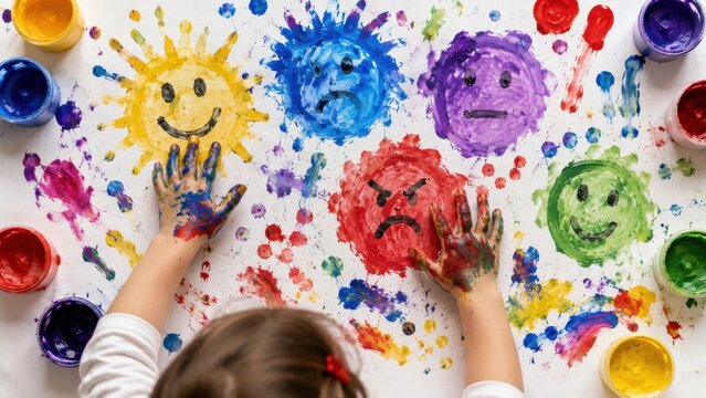 Child Painting Colorful Emotion Faces with Hands for Creative Learning, Feelings and Emotional Education Concept