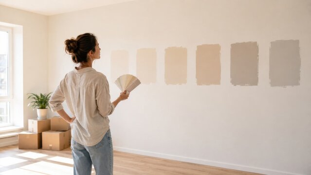 Woman Choosing Neutral Wall Paint Colors for New Home Renovation, Interior Design and Room Makeover