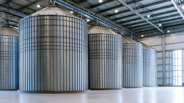 Large indoor metal grain silos inside a modern industrial warehouse for crop storage and agricultural production, featuring steel tanks