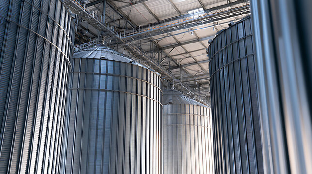 Industrial grain silos and metal storage bins inside a large modern agricultural processing facility for crop production and harvest supply