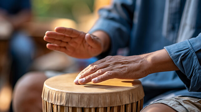 Indigenous musician playing a traditional hand drum during a community gathering, cultural heritage, rhythm, music tradition, outdoor festival, respectful editorial photography,