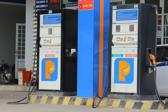 Petrolimex gas station fuel dispensers close up, Vietnam National Petroleum Group filling station pumps in Hue, Vietnam - January 21, 2026