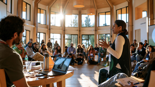 Indigenous community meeting in a modern cultural center, local leadership, civic participation, community planning, intergenerational dialogue, documentary photography, with copy