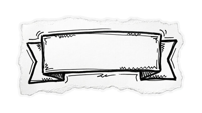 Hand drawn ribbon banner frame marker sketch on paper scrap, blank scroll title box for graphic typography design element