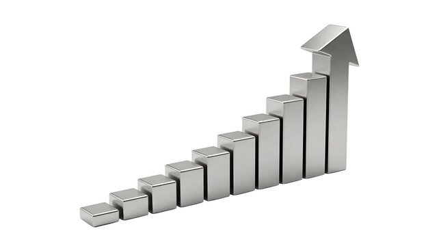 3d render of a growing bar chart made of metallic silver blocks with an arrow pointing upwards, isolated on transparent background