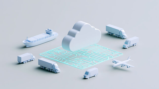 Minimalist 3D rendering of cloud computing logistics network with miniature trucks, cargo ship, and airplane on blue background