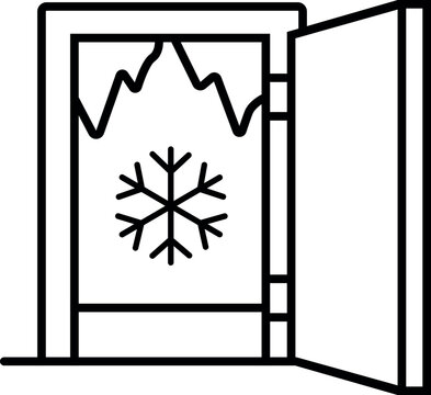 Open freezer room door line icon with snowflake symbol for cold storage access, refrigeration areas and temperature controlled warehouses