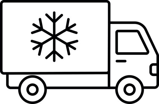 Refrigerated delivery truck line icon with snowflake symbol for frozen goods transport, cold chain logistics and temperature controlled delivery
