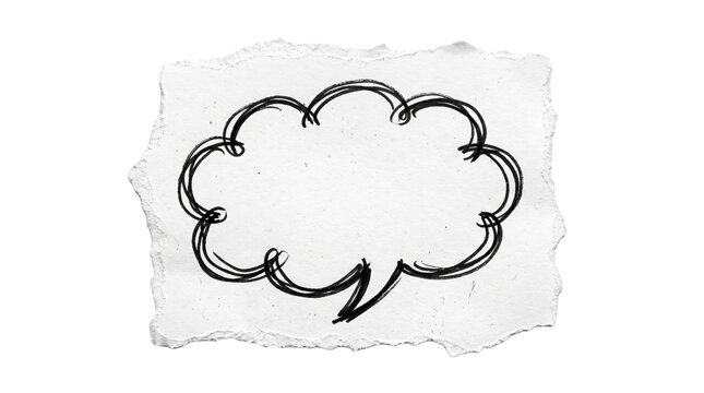 Cloud speech bubble sketch sticker on torn paper scrap, hand drawn thought bubble frame for messaging design element