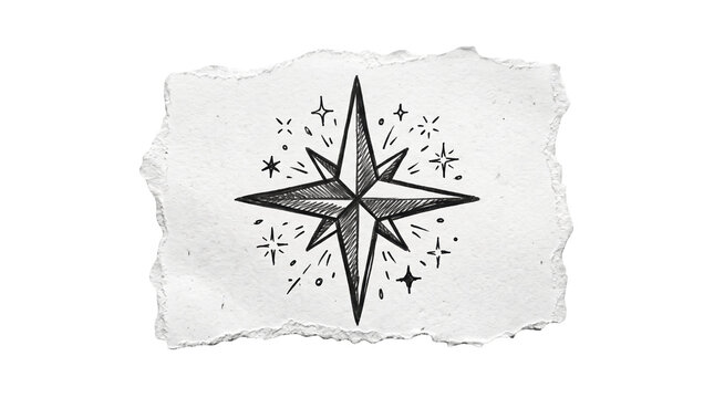 Hand drawn magic star compass sketch on torn paper scrap, nautical design element and creative art concept banner
