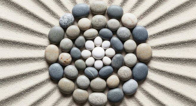 Zen stone mandala on raked sand garden.