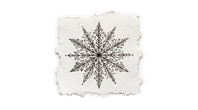 Hand-drawn crystal snowflake marker sketch on paper scrap, winter holiday and cold weather concept