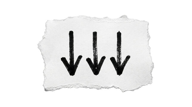 Hand-drawn three downward arrows marker sketch on paper scrap, direction down and decrease concept