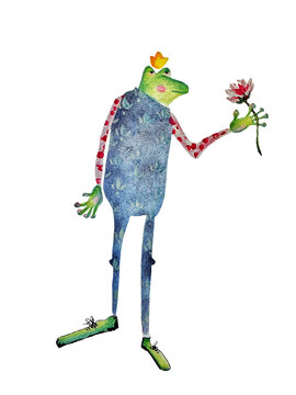 Hand drawn original paper artwork of funny frog prince in crown holding flower traditional gouache and colored pencil illustration digitized isolated on transparent background