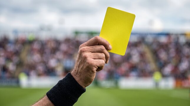 Referee holding up a yellow card during a soccer match in a stadium
