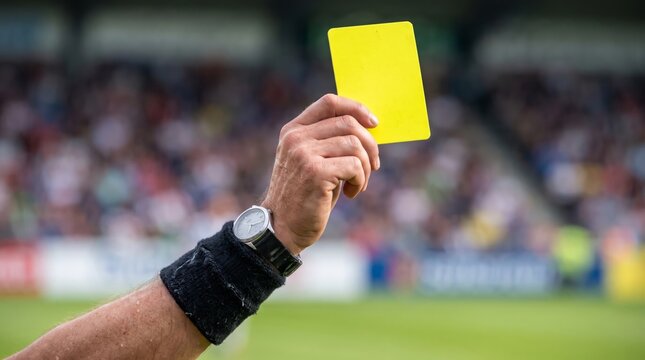 Referee holding up a yellow card with a watch during a football match in a stadium