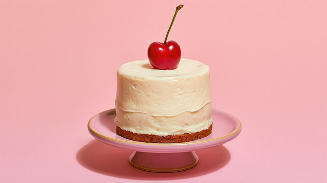Small round cake with smooth frosting and single cherry on top