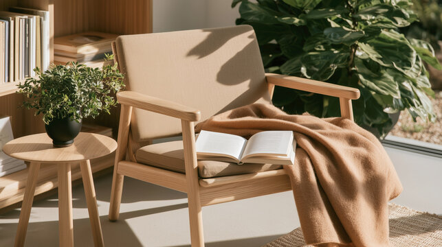 Cozy reading nook with beige armchair and sunlight through window