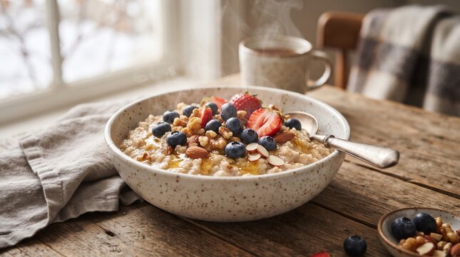 Rustic oatmeal bowl with fresh berries and nuts, healthy breakfast porridge on wooden table, cozy morning meal with coffee