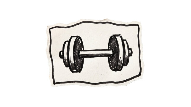 Hand-drawn dumbbell barbell marker sketch on paper scrap, gym fitness and bodybuilding concept
