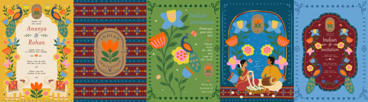 Indian invitation. Vector folk illustration of a seamless pattern, frame, floral border, flowers, peacock, elephant, man and woman for a wedding greeting card, background or template. Mughal pichwai g