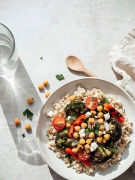 Grain bowl with roasted broccoli, chickpeas and feta &ndash; Ideal for healthy recipe blogs, meal plans, or nutrition content
