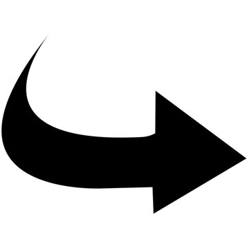 Black curved arrow pointing right, sweeping direction pointer and flow silhouette symbol

