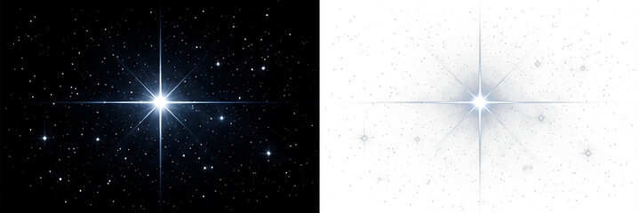 Fototapeta premium 中央に輝く大きな一等星と光のフレア。透明背景のまばゆい星のPNG素材