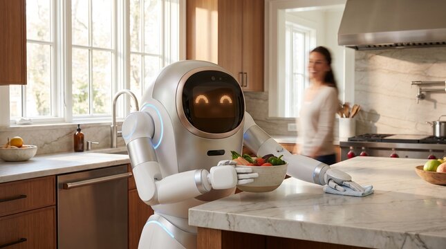 Futuristic domestic robot assisting in modern kitchen, humanoid service droid cleaning marble counter, smart home technology