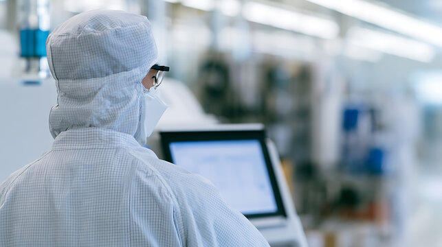 A technician wearing cleanroom coverall and protective gear operate high tech equipment monitor display screen inside modern manufacturing plant
