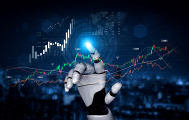 Obraz premium A robotic hand reaches toward glowing data graphs, illustrating the synergy of technology and finance in stock market analysis, showcasing digital growth and innovation. Scalp