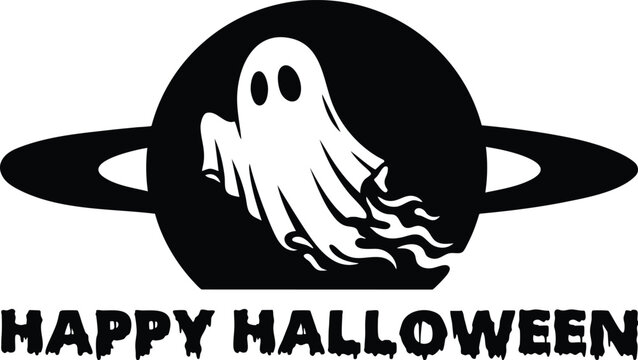 Happy Halloween ghost planet logo design, spooky space themed vector illustration for holiday party invitations and festive graphic decorations