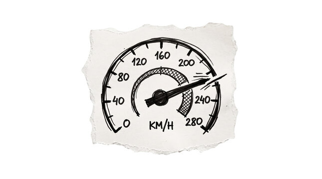 Hand-drawn speedometer gauge marker sketch on paper note, speed performance and auto concept